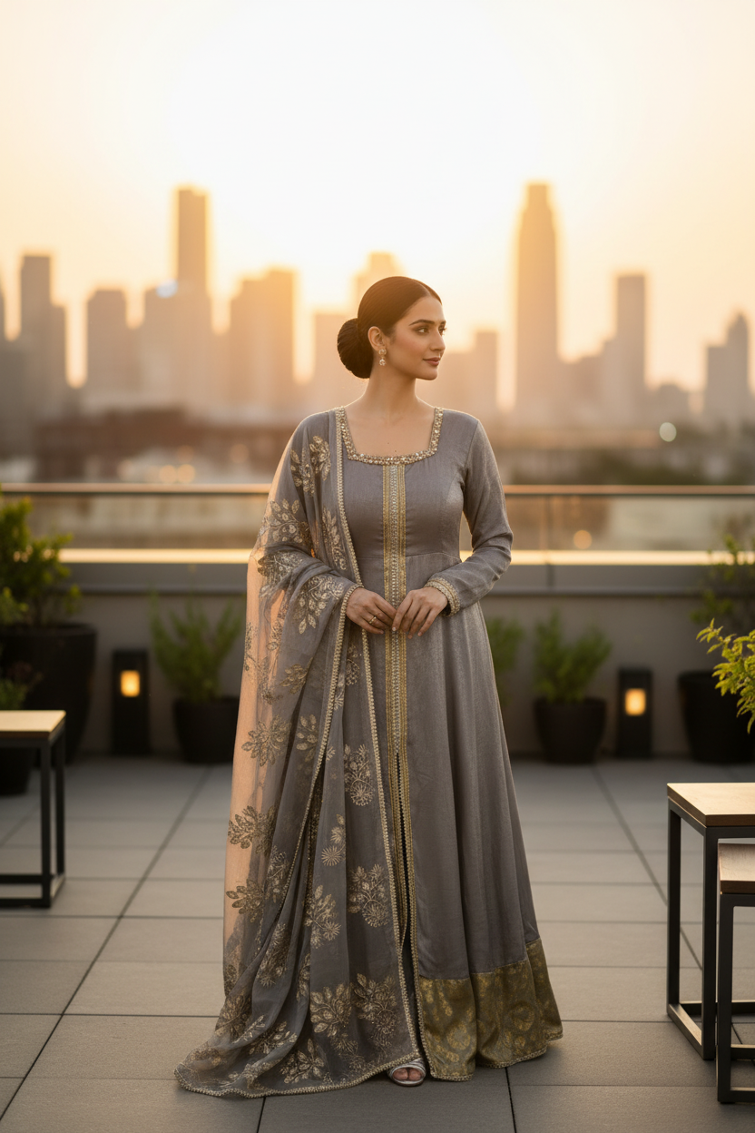 silver-dusk-rooftop-sunset Silver Dusk – Embellished 3 Piece Ensemble - Image 1